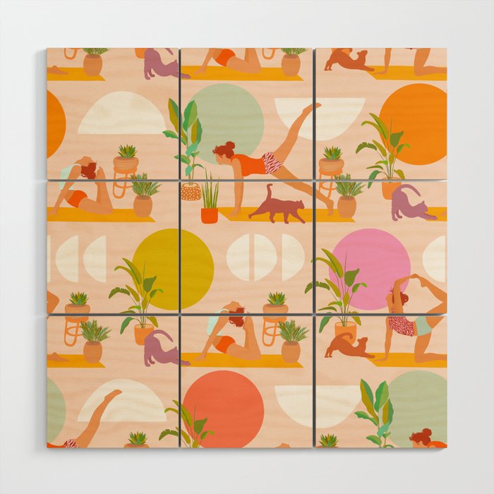 Summer with Yoga, Cats and Plants Wood Wall Art