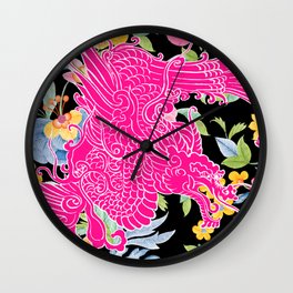 Fierce Asian Dragon Pink Wall Clock | Pink, Cheerful, Floral, Asianart, White, Dragons, Japanesedragons, Pastelflowers, Colorful, Graphicdesign 