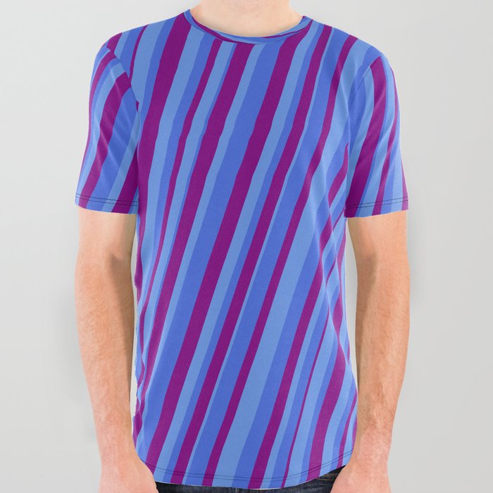 Cornflower Blue, Royal Blue & Purple Colored Pattern of Stripes All Over Graphic Tee