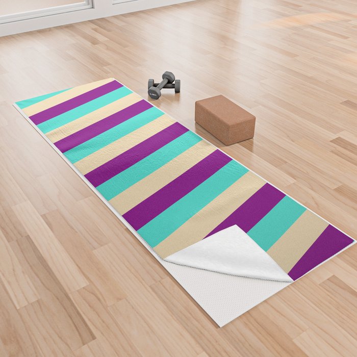 Turquoise, Purple & Tan Colored Stripes/Lines Pattern Yoga Towel