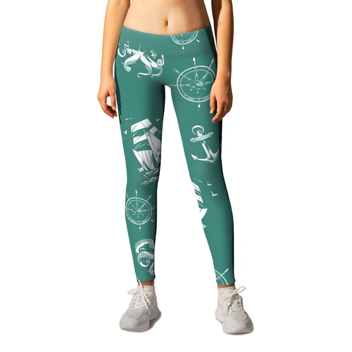 Green Blue And White Silhouettes Of Vintage Nautical Pattern Leggings