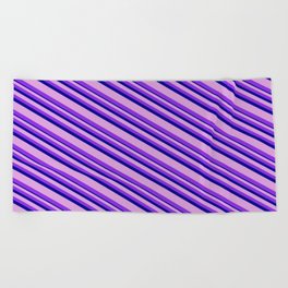 [ Thumbnail: Plum, Purple & Dark Blue Colored Lines Pattern Beach Towel ]