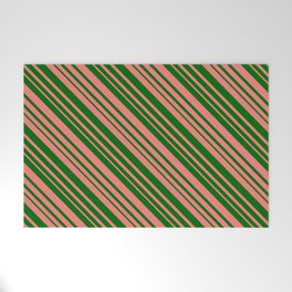 [ Thumbnail: Dark Green & Light Coral Colored Lined/Striped Pattern Welcome Mat ]