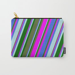 [ Thumbnail: Colorful Dark Olive Green, Fuchsia, Royal Blue, Powder Blue, and Dark Green Colored Lines Pattern Carry-All Pouch ]