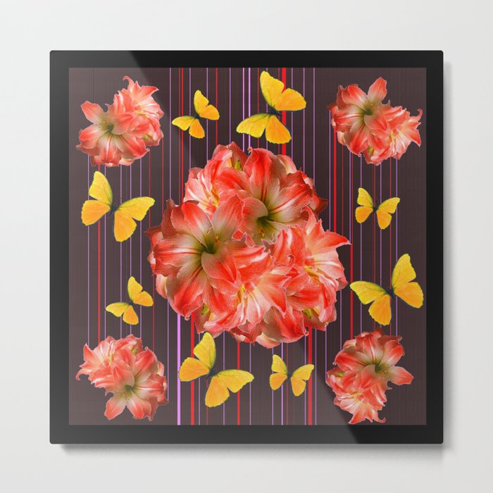 Decorative yellow Butterflies Pink Flowers Puce Metal Print