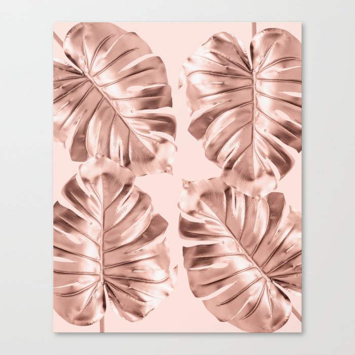Rose Gold Monstera Leaves on Blush Pink Canvas Print