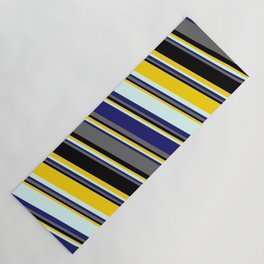 [ Thumbnail: Yellow, Light Cyan, Midnight Blue, Dim Grey & Black Colored Striped Pattern Yoga Mat ]