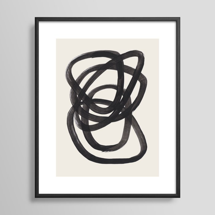 Mid Century Modern Minimalist Abstract Art Brush Strokes Black & White Ink Art Spiral Circles Framed Art Print