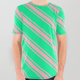 [ Thumbnail: Green & Light Pink Colored Lines Pattern All Over Graphic Tee ]
