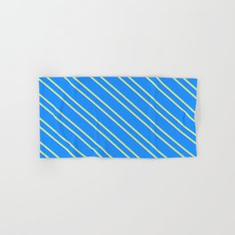 [ Thumbnail: Blue, Light Green & Tan Colored Striped/Lined Pattern Hand & Bath Towel ]