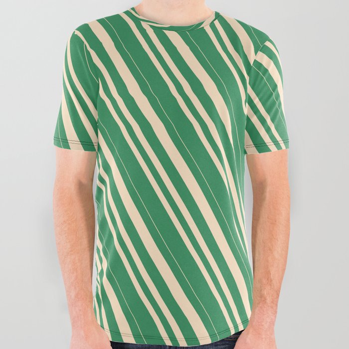 Sea Green & Bisque Colored Lined Pattern All Over Graphic Tee