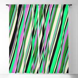 [ Thumbnail: Vibrant Green, Orchid, Forest Green, Beige & Black Colored Striped Pattern Blackout Curtain ]