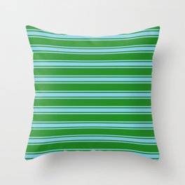 [ Thumbnail: Forest Green and Sky Blue Colored Lined/Striped Pattern Throw Pillow ]