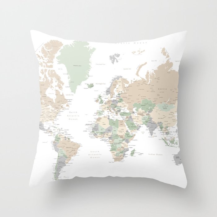 World map with cities, "Anouk" Throw Pillow