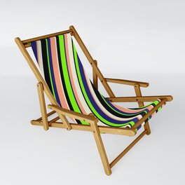 [ Thumbnail: Colorful Chartreuse, Midnight Blue, Light Salmon, Beige & Black Colored Stripes Pattern Sling Chair ]