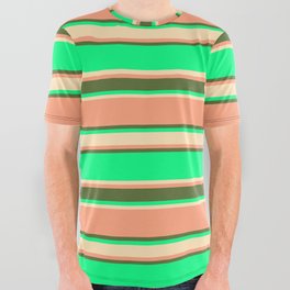 [ Thumbnail: Green, Beige, Light Salmon & Dark Olive Green Colored Stripes Pattern All Over Graphic Tee ]