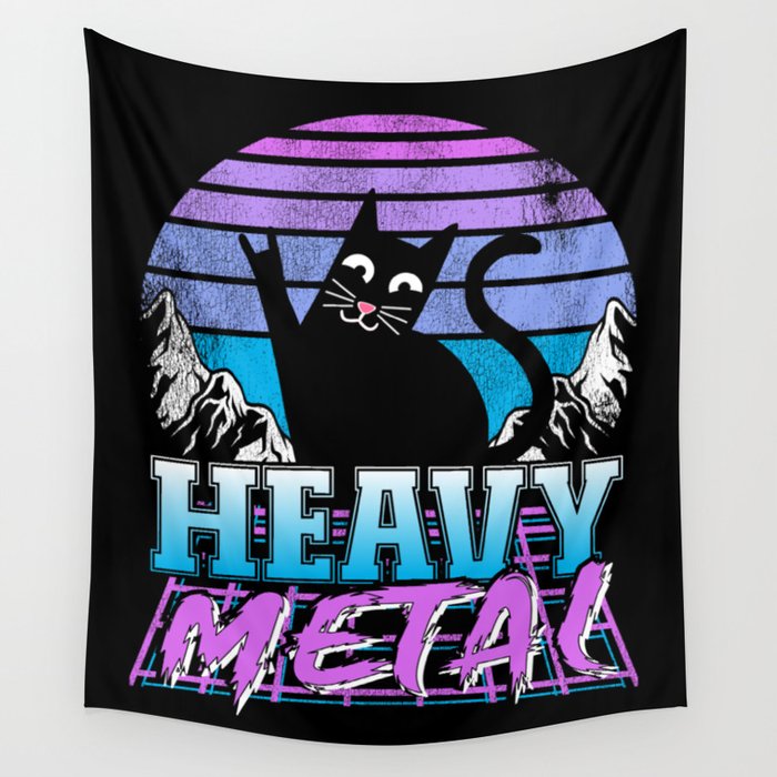 Heavy Metal Retro Sunset Cat Synthwave Death Metal Retrowave Wall