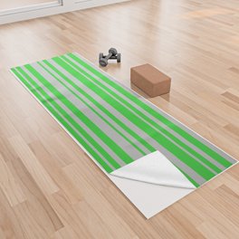 [ Thumbnail: Lime Green & Grey Colored Lined/Striped Pattern Yoga Towel ]