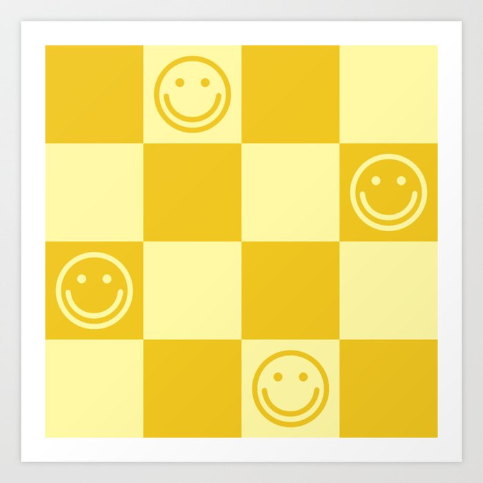Cute Smiley Faces on Checkerboard \\ Sunshine Color Palette Art Print