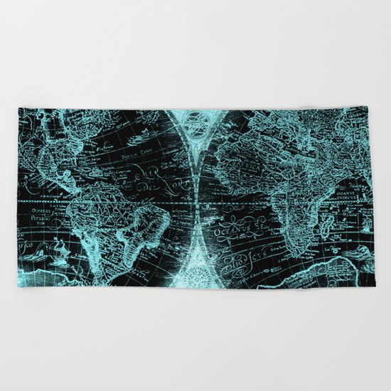 Antique World Map Turquoise Teal Blue Green Beach Towel