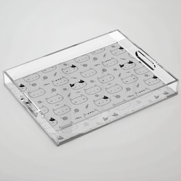 Light Grey and Black Doodle Kitten Faces Pattern Acrylic Tray