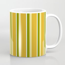 [ Thumbnail: Eye-catching Green, Tan, Goldenrod, White, and Dark Green Colored Lined/Striped Pattern Coffee Mug ]