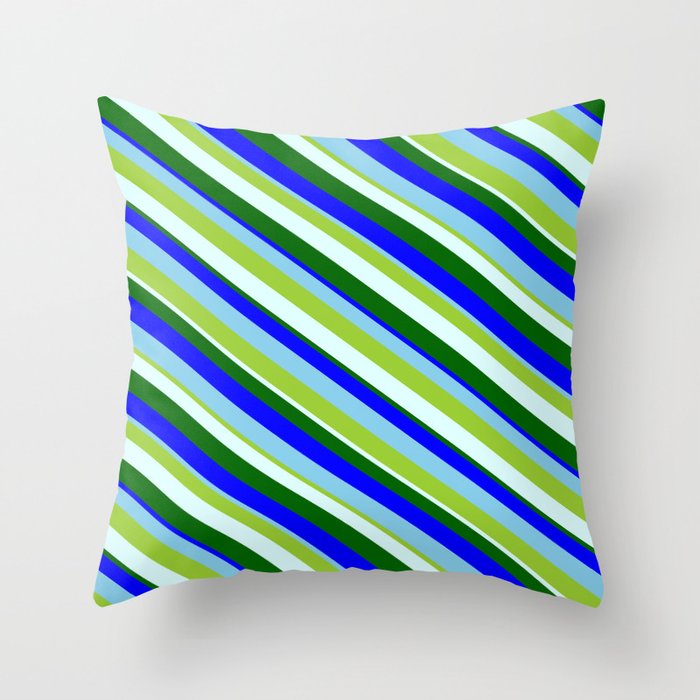 Eye-catching Green, Light Cyan, Dark Green, Blue & Sky Blue Colored Lines/Stripes Pattern Throw Pillow