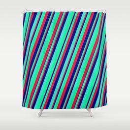 [ Thumbnail: Turquoise, Green, Crimson & Blue Colored Lines Pattern Shower Curtain ]