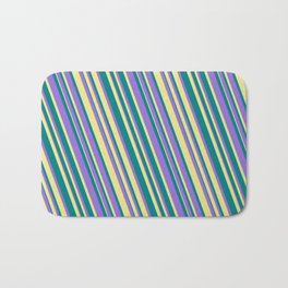 [ Thumbnail: Teal, Purple, and Tan Colored Lines Pattern Bath Mat ]