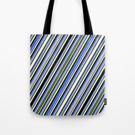 [ Thumbnail: Eye-catching Royal Blue, Grey, Dark Olive Green, White & Black Colored Lines Pattern Tote Bag ]