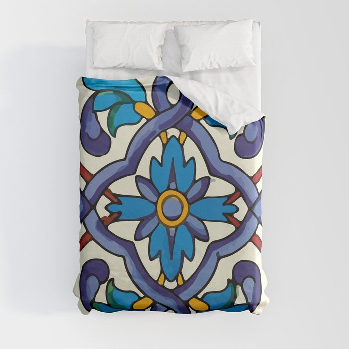 Elegant decorative talavera tile vintage blue flower interior design Duvet Cover