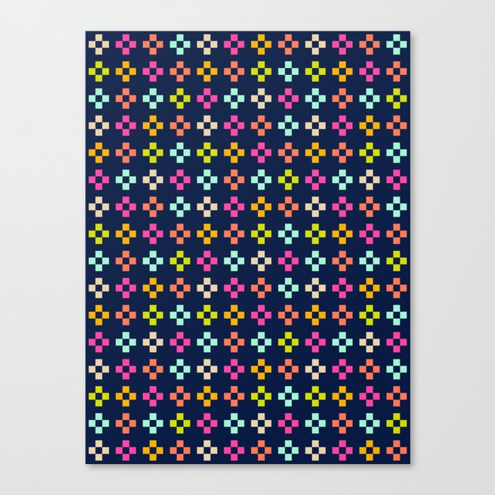Pixel art - bright multi-coloured cross check on navy blue Canvas Print