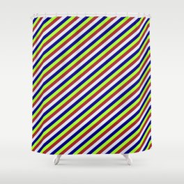 [ Thumbnail: Light Green, Brown, Lavender & Blue Colored Stripes/Lines Pattern Shower Curtain ]