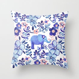 Pale Coral, White and Purple Elephant and Floral Watercolor Pattern Throw Pillow