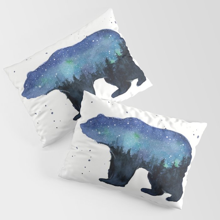 Forest Bear Silhouette Watercolor Galaxy Pillow Sham