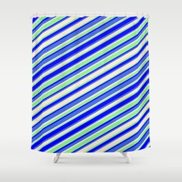 [ Thumbnail: Light Green, Blue, Royal Blue & Beige Colored Striped/Lined Pattern Shower Curtain ]