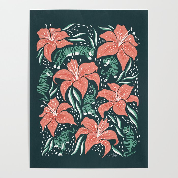 Tigers & Tiger Lilies – Teal & Rose Poster