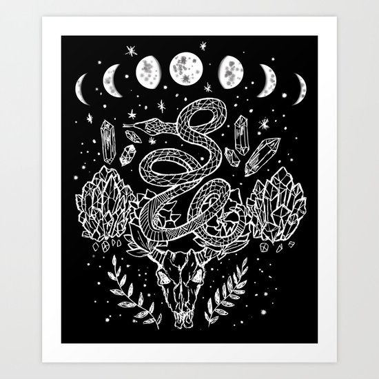Phases of the Moon Wall Art Esoteric Serpent with Moon Phases Print Linoprint Snake Wall Art Moon Phase Snake Art in Lino Print style