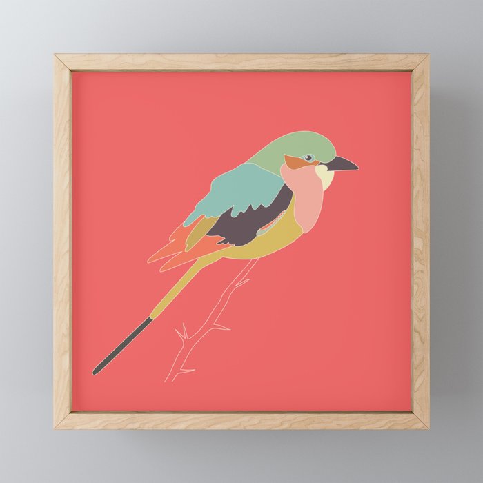 Modern digital art design of a bird with vintage colors. Pink, blue, orange and green color palette. Framed Mini Art Print