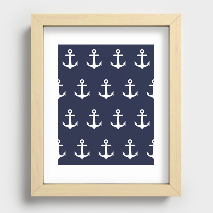 Nautical Navy Blue and White Anchors Recessed Framed Print