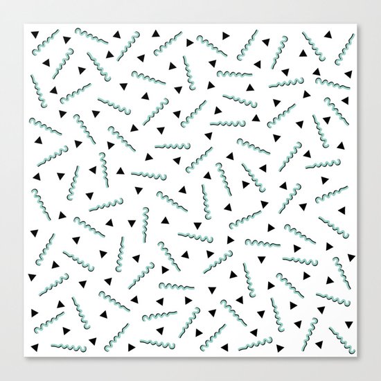 Retro Memphis Pattern Squiggle Green and Black Triangles Canvas Print
