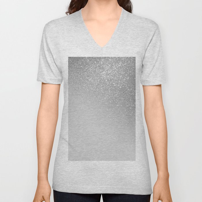 Diagonal Gray Silver Glitter Gradient Ombre V Neck T Shirt