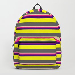 [ Thumbnail: Tan, Deep Pink, Indigo, Yellow, and Dim Gray Colored Striped Pattern Backpack ]