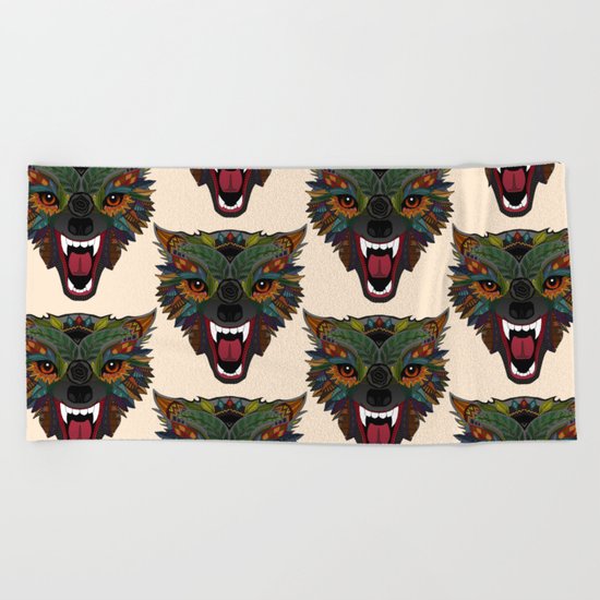 wolf fight flight ecru Beach Towel