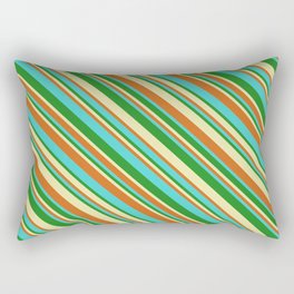 [ Thumbnail: Pale Goldenrod, Chocolate, Turquoise & Forest Green Colored Lines Pattern Rectangular Pillow ]