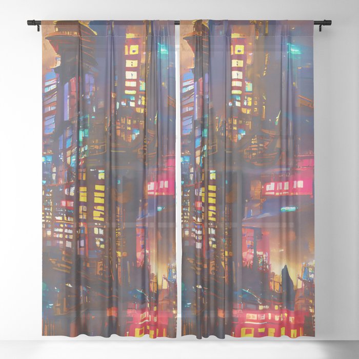 Cyberpunk Cityscape Sheer Curtain