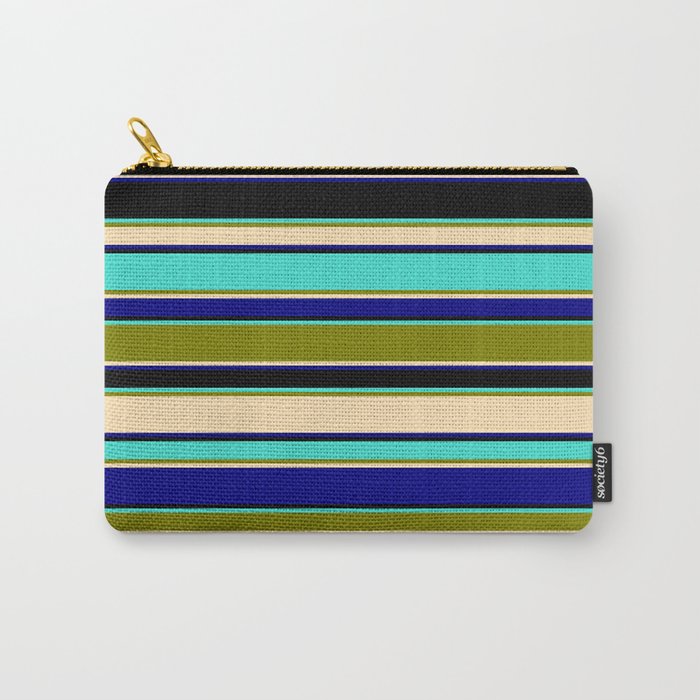 Turquoise, Green, Beige, Blue & Black Colored Striped/Lined Pattern Carry-All Pouch