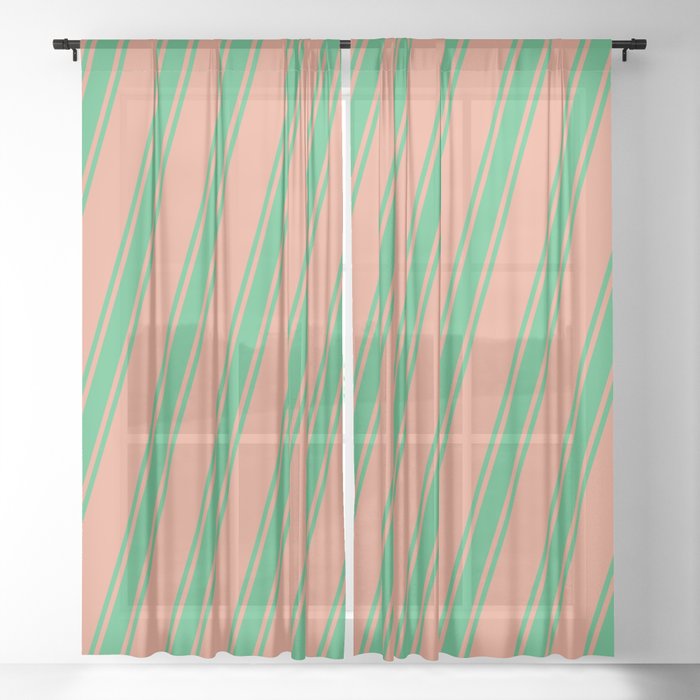 Dark Salmon and Sea Green Colored Striped Pattern Sheer Curtain