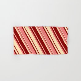 [ Thumbnail: Light Coral, Beige, and Dark Red Colored Lines Pattern Hand & Bath Towel ]