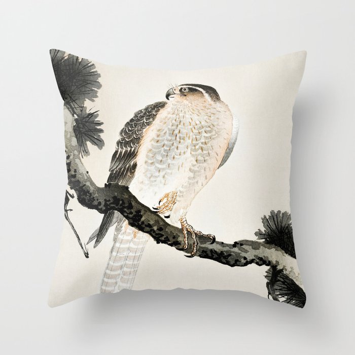 Hawk sitting on a pine tree - Vintage Japanese Woodblock Print Art Throw Pillow
